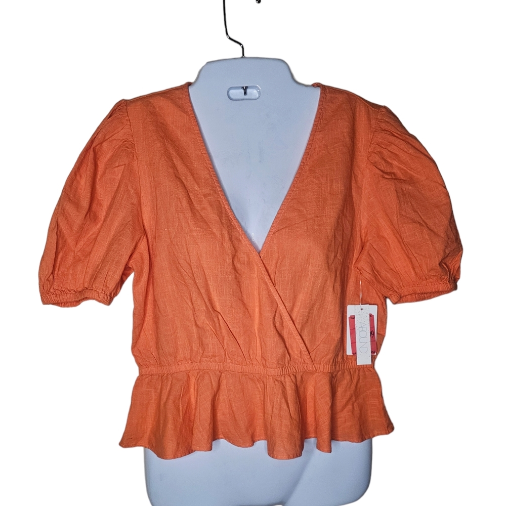 Abound women's coral colour peplum short sleeve wrap front top size M